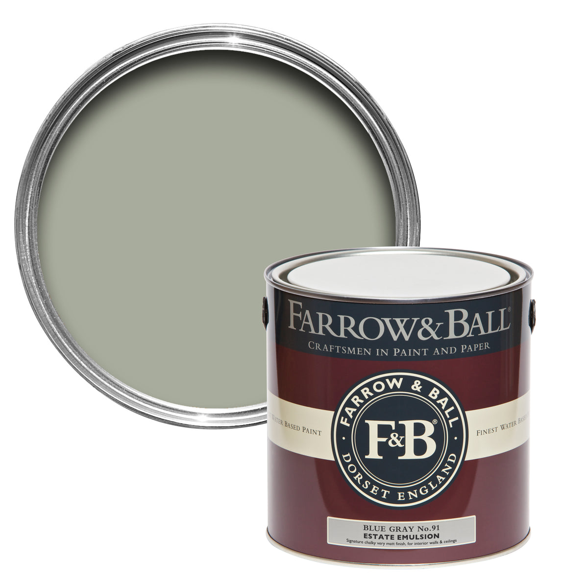 Offene Farbdose von oben von Blue Grey, einem beruhigenden Grau mit blauen Pigmenten mit einer geschlossenen 2,5l Dose Estate Emulsion davor.