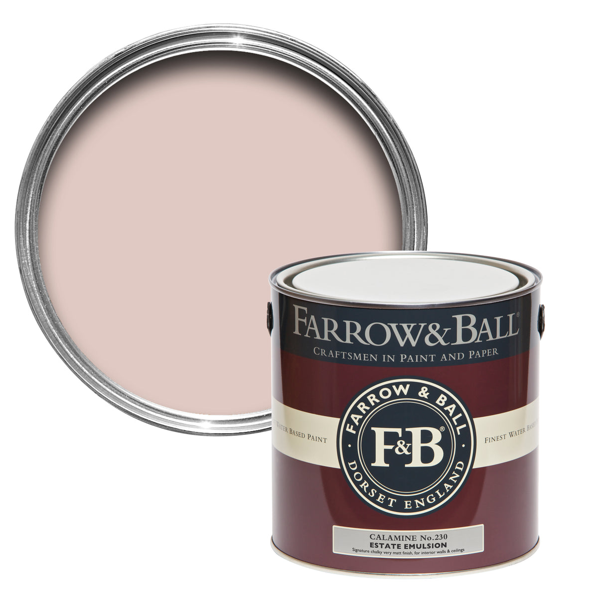 Offene Farbdose von oben von Calamine, einem jugendlichen, freundlichen und zartem Pink mit einer geschlossenen 2,5l Dose davor