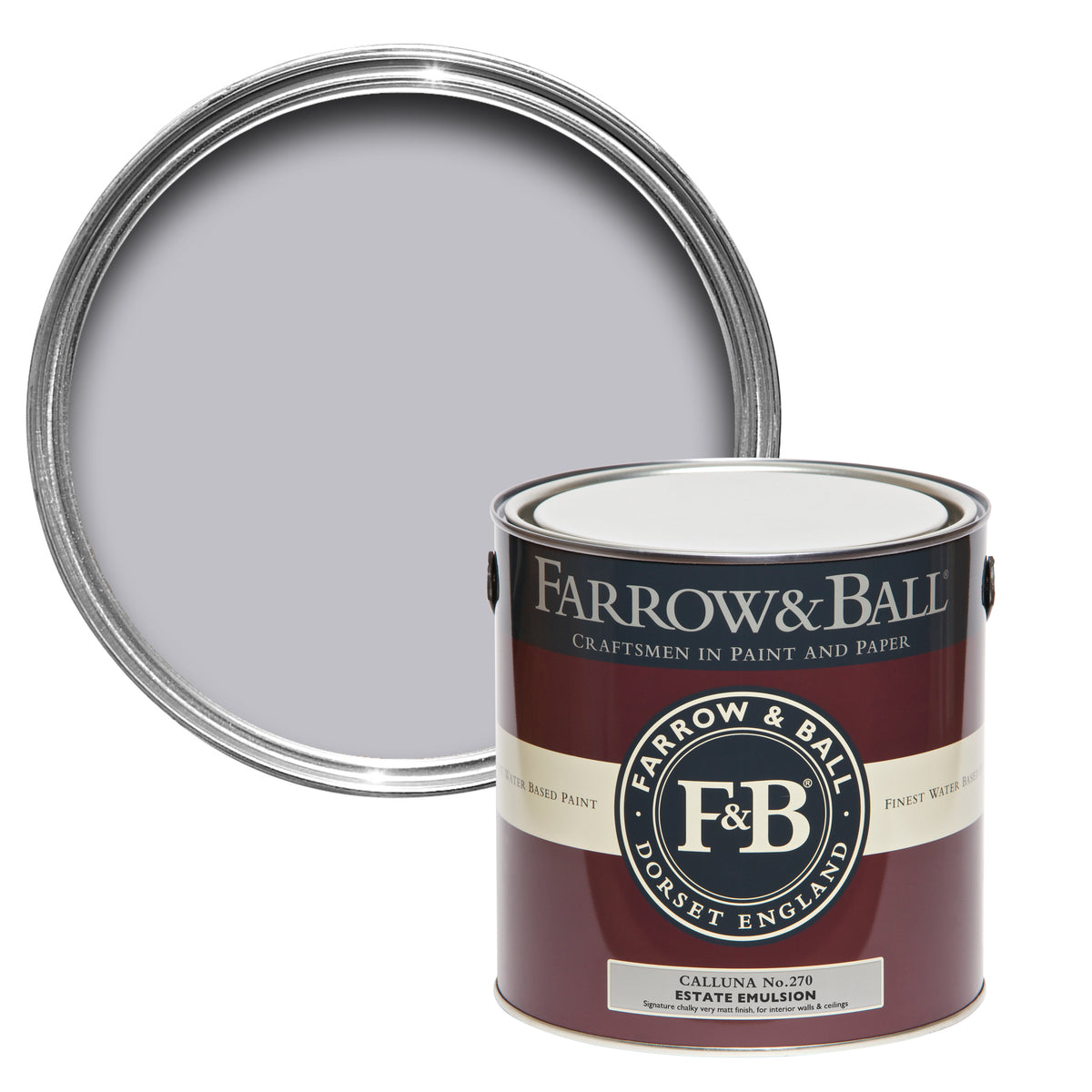 Offene Farbdose von oben von Calluna, einem ruhigen Lila, das an Heidekraut erinnert mit einer 2,5l Dose davor.