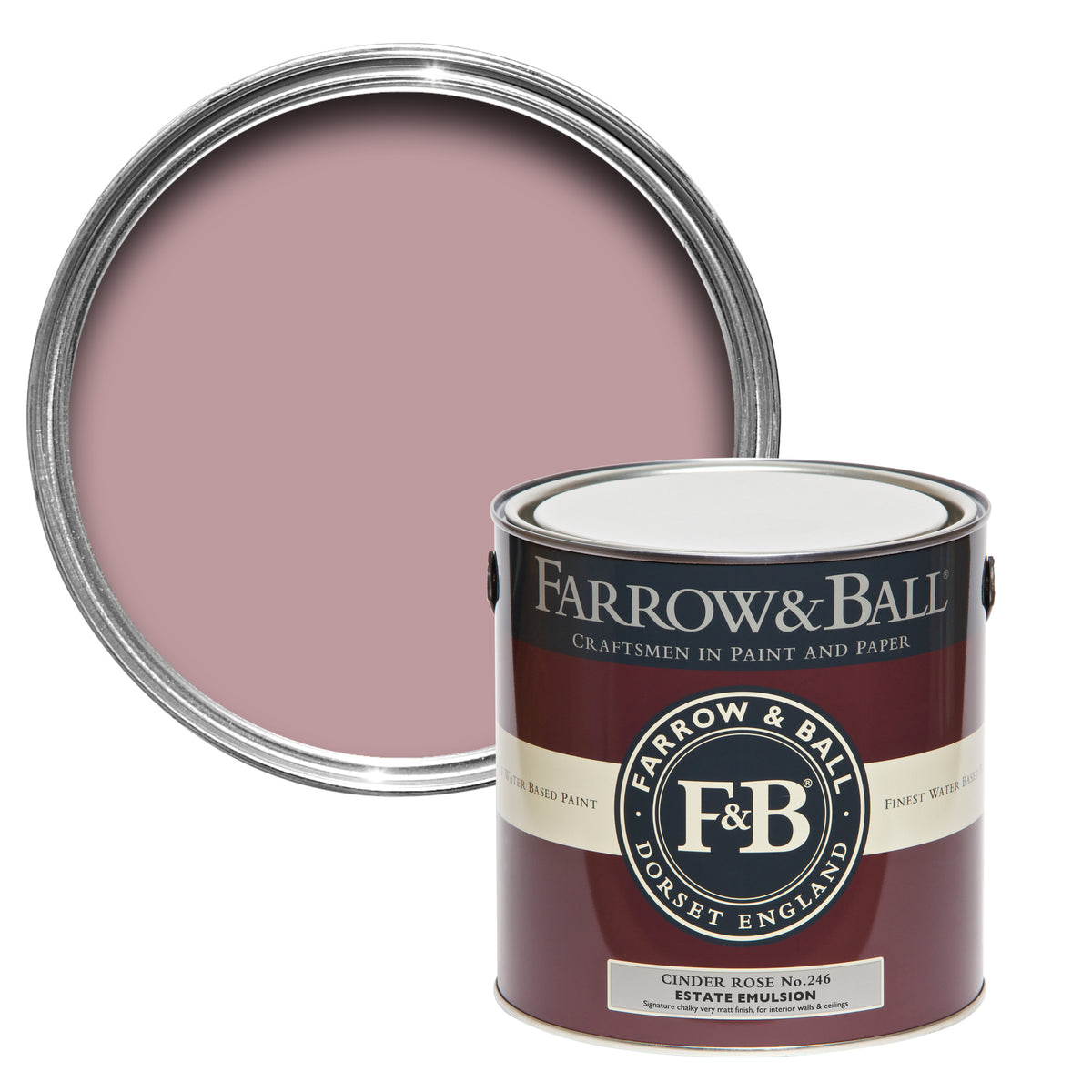 Offene Farbdose von oben von Cinder Rose, dem Rosa einer Rose mit einer geschlossenen 2,5l Dose Estate Emulsion davor.