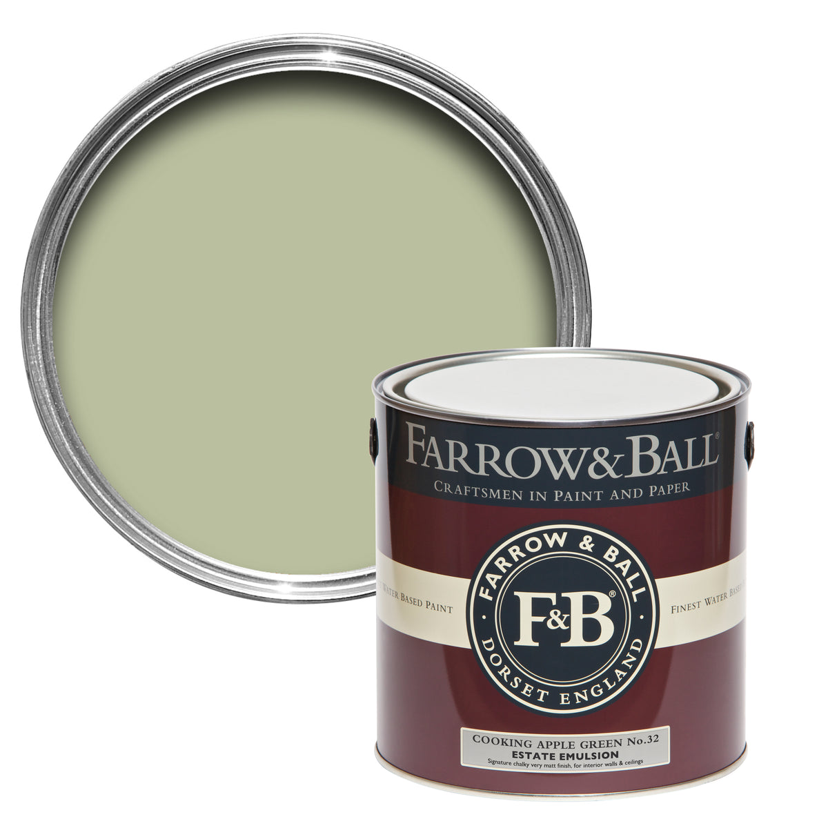 Offene Farbdose von oben von Cooking Apple Green, dem charmten Grün, dass an Omas Küche erinnert mit einer geschlossenen 2,5l Dose Estate Emulsion davor.