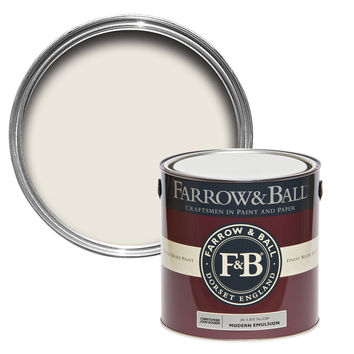 Offene Farbdose von oben von Au Lait, dass dem weichem Weiß von Zichorienkaffee nahempfunden ist, mit einer geschlossenen 2,5l Dose Modern Emulsion davor.