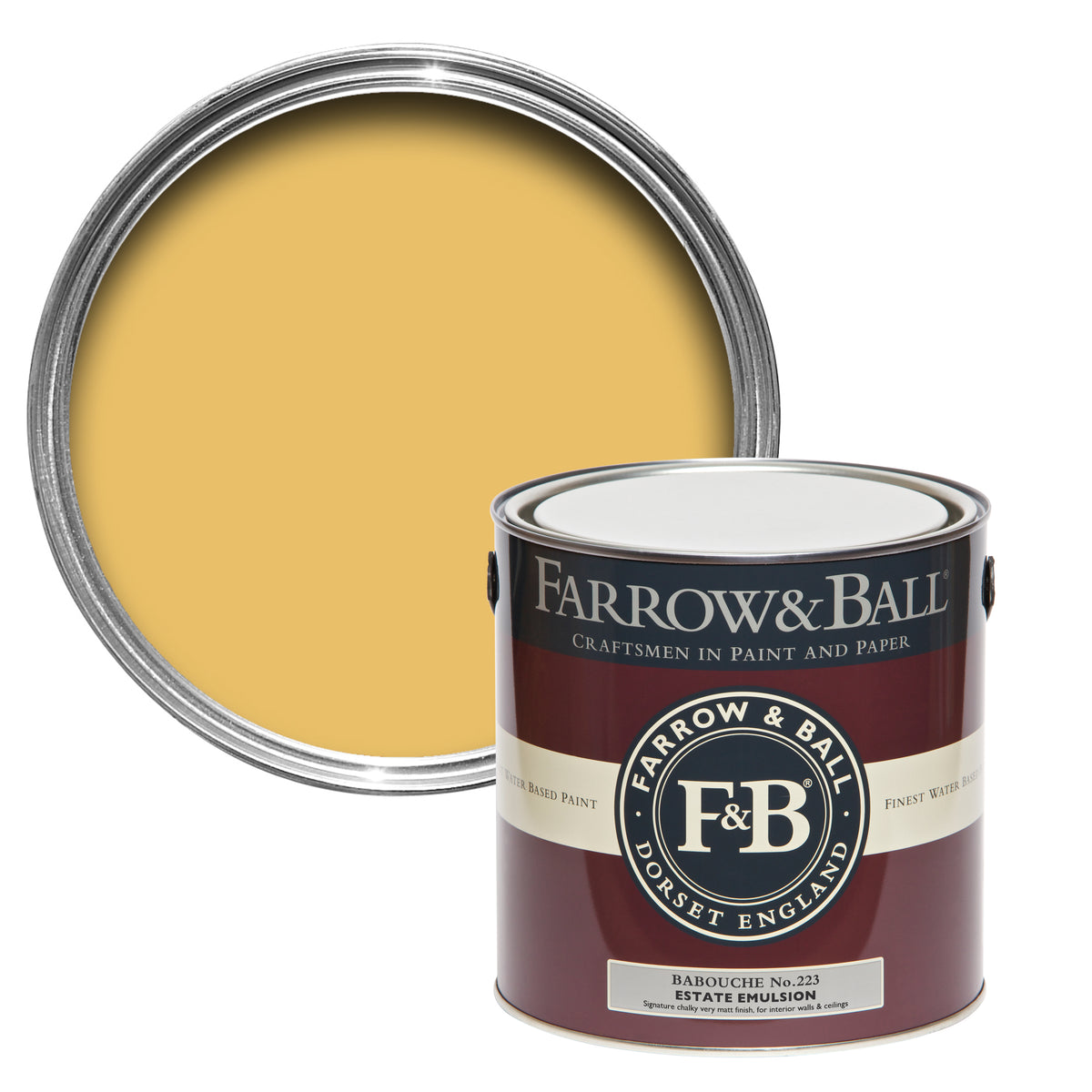 Offene Farbdose von oben von Babouche, einem intensiven Gelb, dass in der richtigen Kombination edel und herrschaftlich wirkt mit einer geschlossenen 2,5l Dose Estate Emulsion davor.

