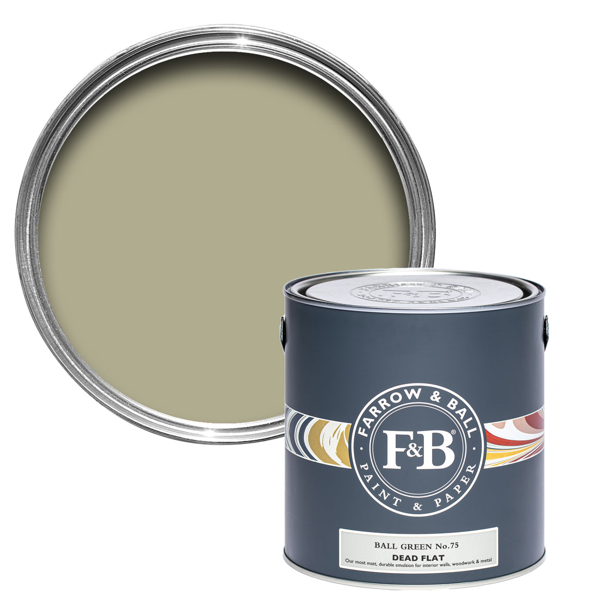Offene Farbdose von Ball Green, dem elegantesten Grün in der Palette, dass nach einem der Gründer benannt wurde. 
