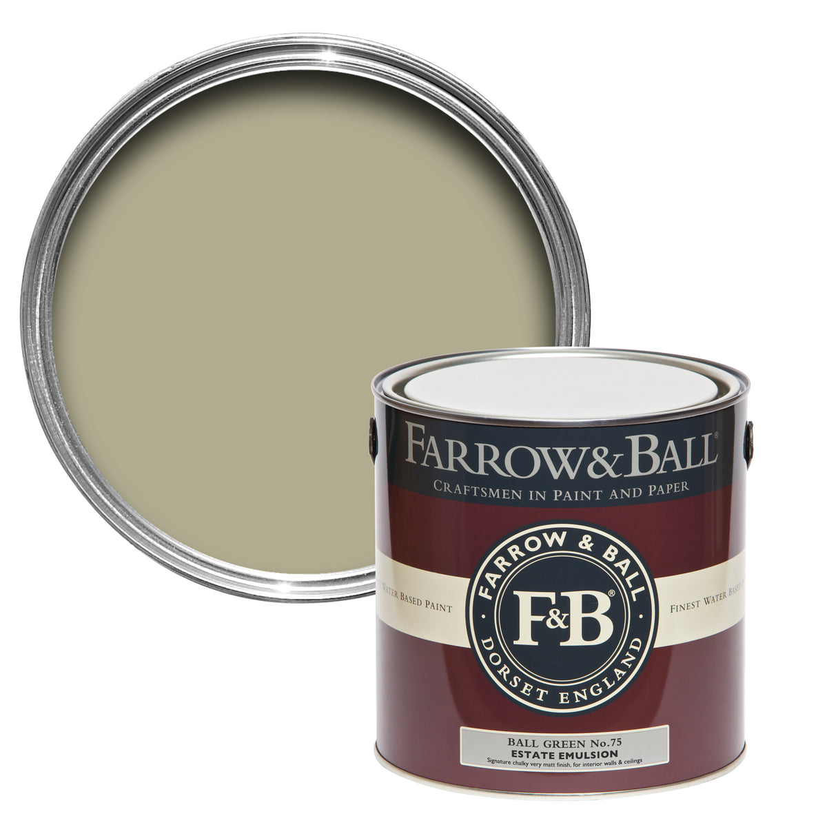 Offene Farbdose von oben hinter einer geschlossenen von Ball Green, dem elegantesten Grün in der Palette, dass nach einem der Gründer benannt wurde. 