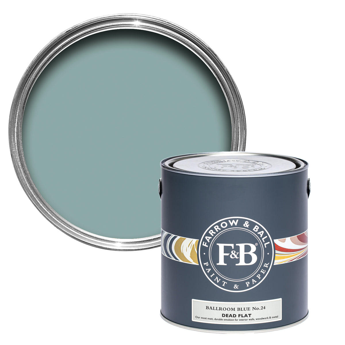 Offene Dead Flat Farbdose von Ballroom Blue, einem blassen Blau wie es früher in Ballsälen zu finden war. 
