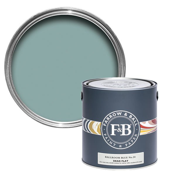 Offene Dead Flat Farbdose von Ballroom Blue, einem blassen Blau wie es früher in Ballsälen zu finden war. 