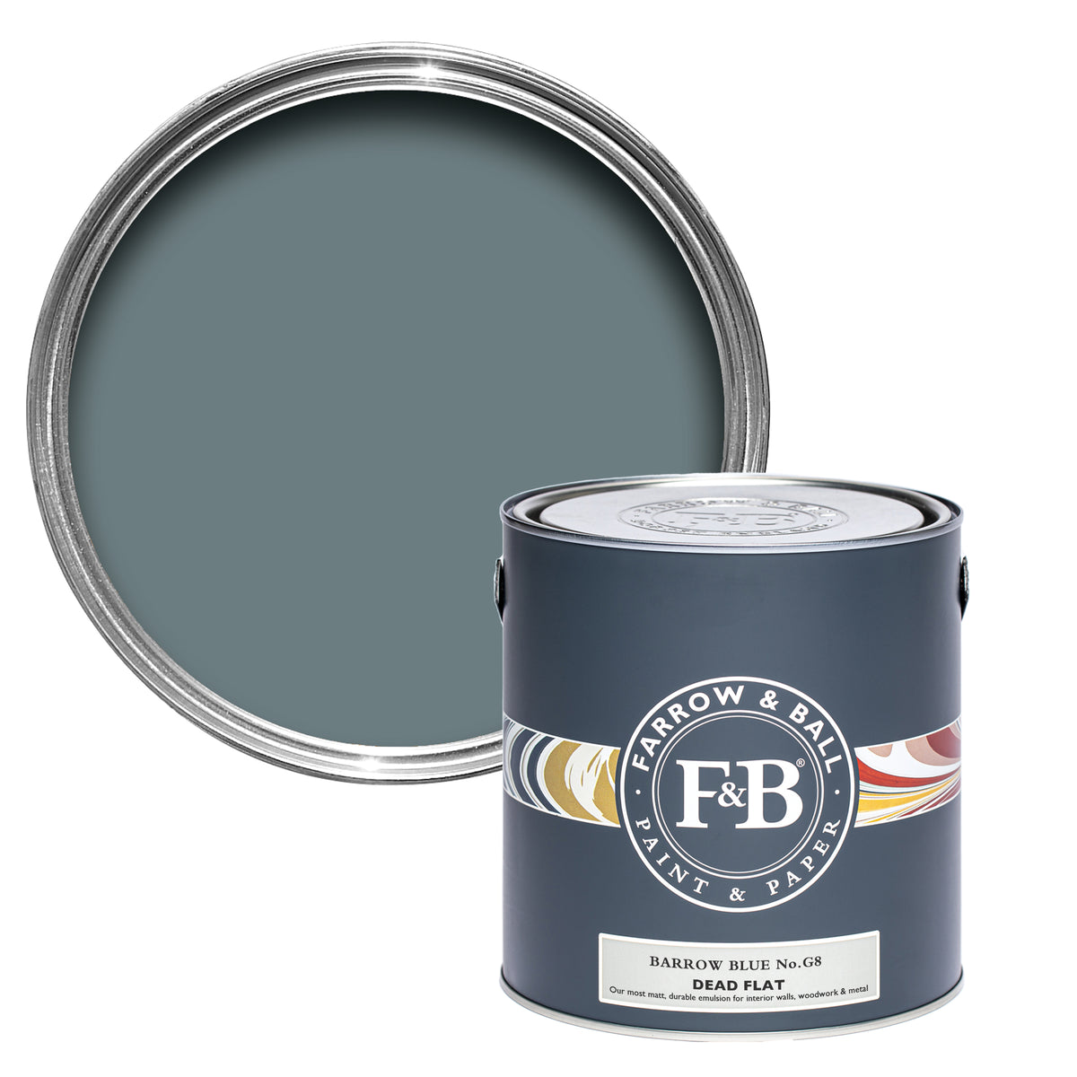Offene Dead Flat Farbdose von Barrow Blue, einem blassen, jedoch dunklen Blaugrün. 