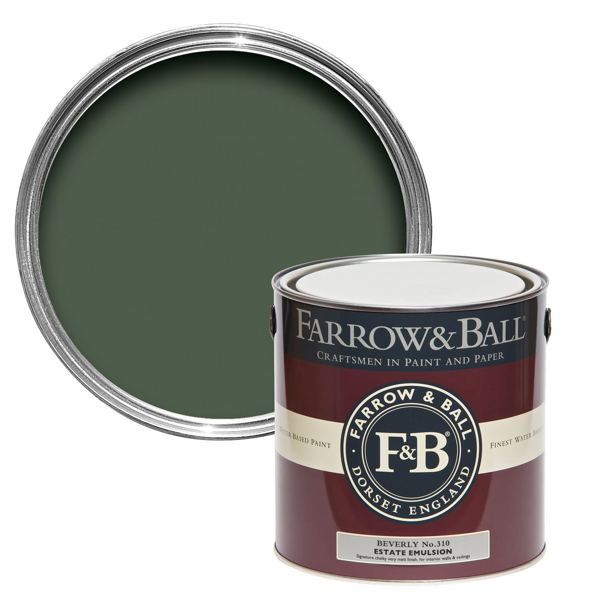 Offene Farbdose von oben von Beverly, dem zuverlässigen und beruhigend dunklen Grünton mit einer geschlossenen 2,5l Dose Estate Emulsion davor.