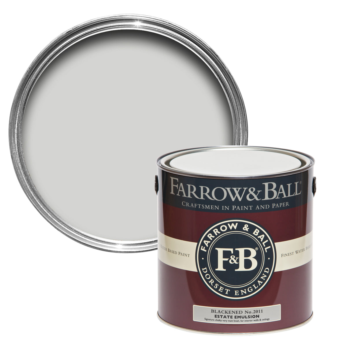 Offene Farbdose von oben von Blackened, dem kühlsten Weiß mit einem Hauch von Flammrußpigmenten mit einer geschlossenen 2,5l Dose Estate Emulsion davor. 