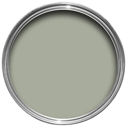 Offene Farbdose von oben von Blue Grey, einem beruhigenden Grau mit blauen Pigmenten.
