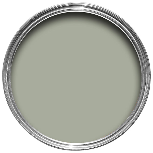 Offene Farbdose von oben von Blue Grey, einem beruhigenden Grau mit blauen Pigmenten.

