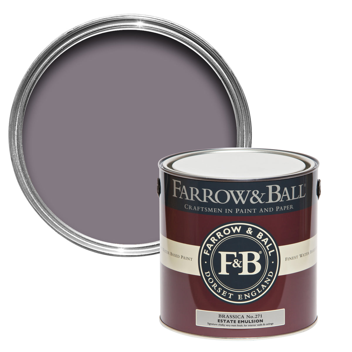 Offene Farbdose von oben von Brassica, einem violett Ton, der an die Blätter des Sprossenbrokkoli angelehnt ist mit einer geschlossenen 2,5l Dose Estate Emulsion davor. 