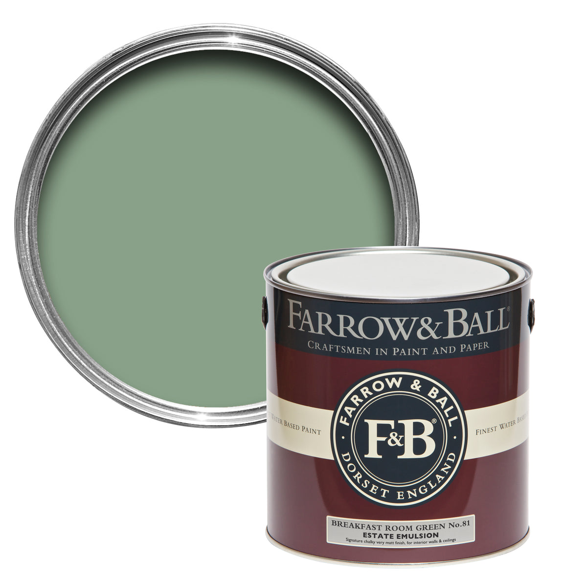 Offene Farbdose von oben von Breakfeast Room Green, dem traditionellen, fröhlichen Grün mit einer geschlossenen 2,5l Dose Estate Emulsion davor. 