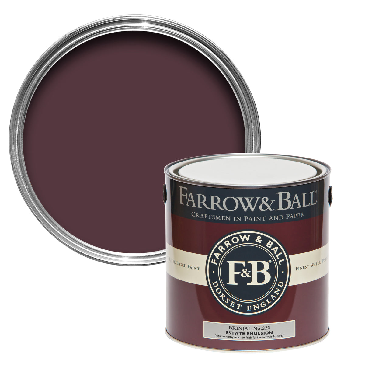 Offene Farbdose von oben von Brinjal, dem edelen und glamourösen Farbton einer glänzender Auberginenhaut mit einer geschlossenen 2,5l Dose Estate Emulsion davor. 
