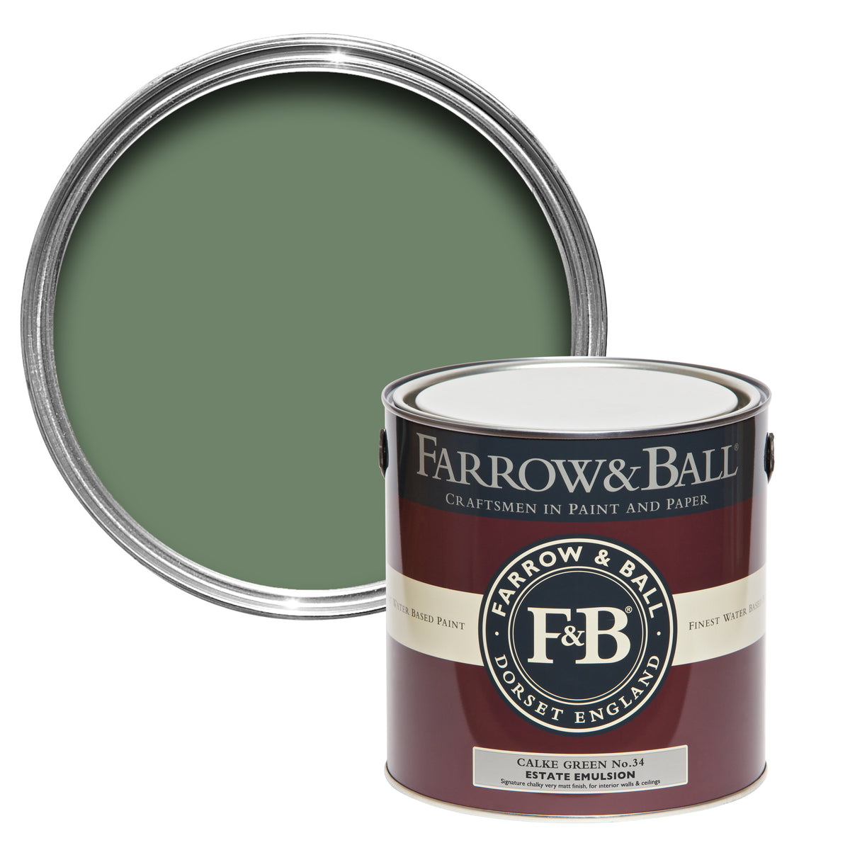 Offene Farbdose von oben von Calke Green, dem üppigen und dunkeln Grün mit einer geschlossenen 2,5l Dose davor.
