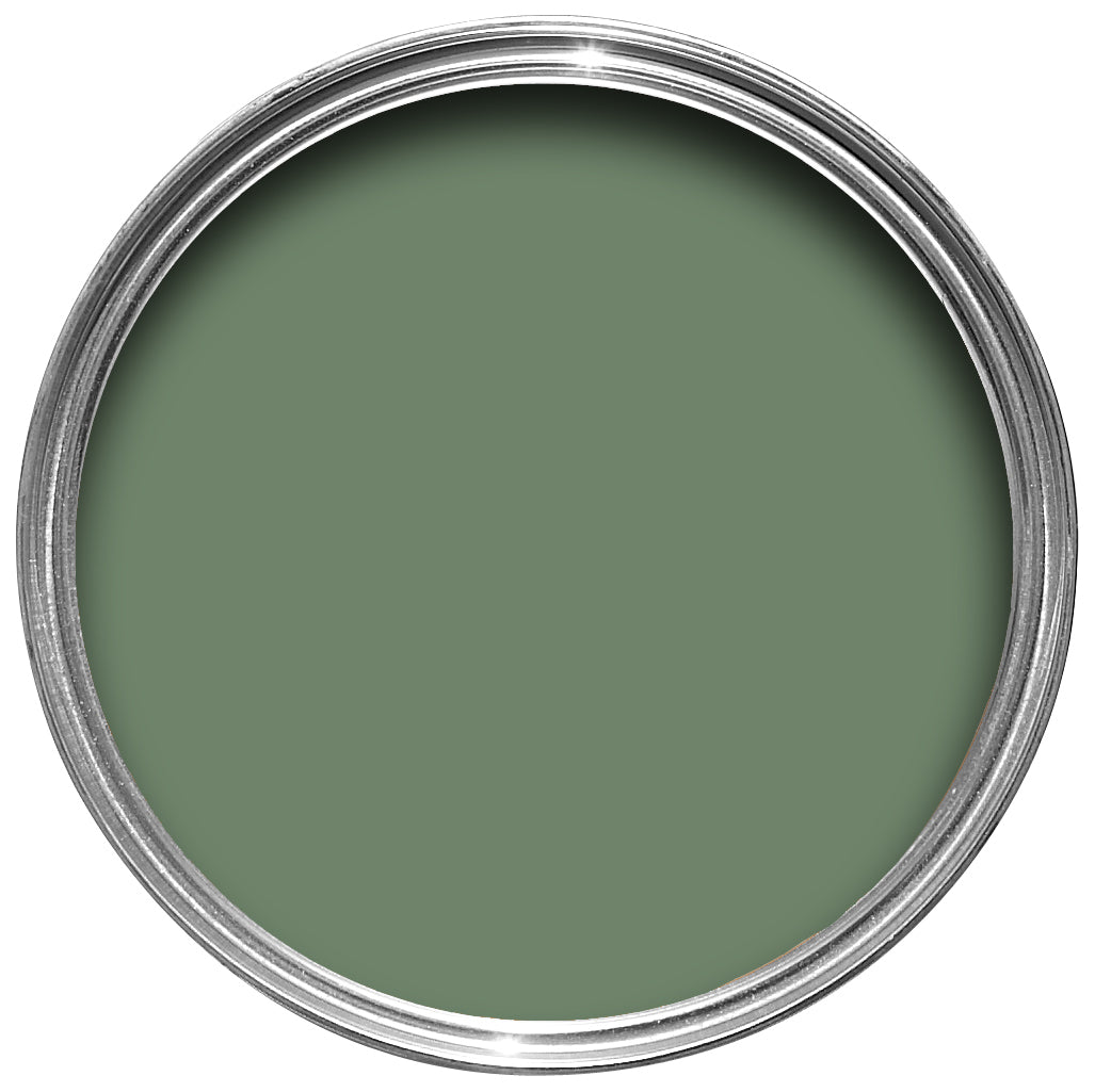Offene Farbdose von oben von Calke Green, dem üppigen und dunkeln Grün.
