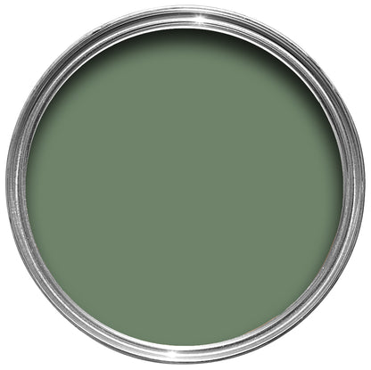Offene Farbdose von oben von Calke Green, dem üppigen und dunkeln Grün.
