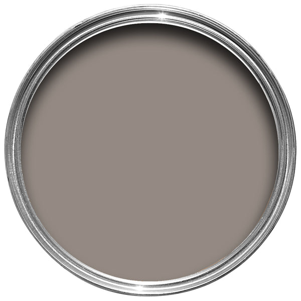 Offene Farbdose von oben von Charleston Gray, dem warmen und gedämpften Grauton. 
