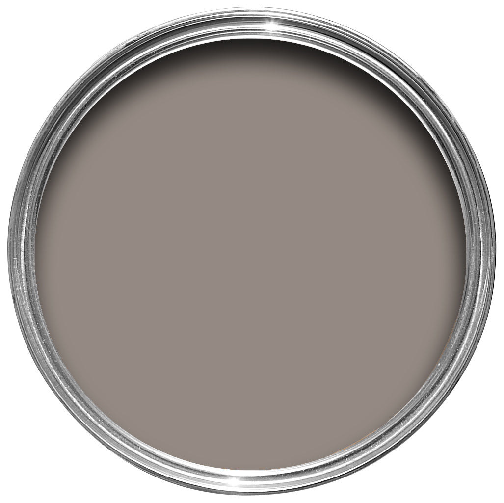 Offene Farbdose von oben von Charleston Gray, dem warmen und gedämpften Grauton. 
