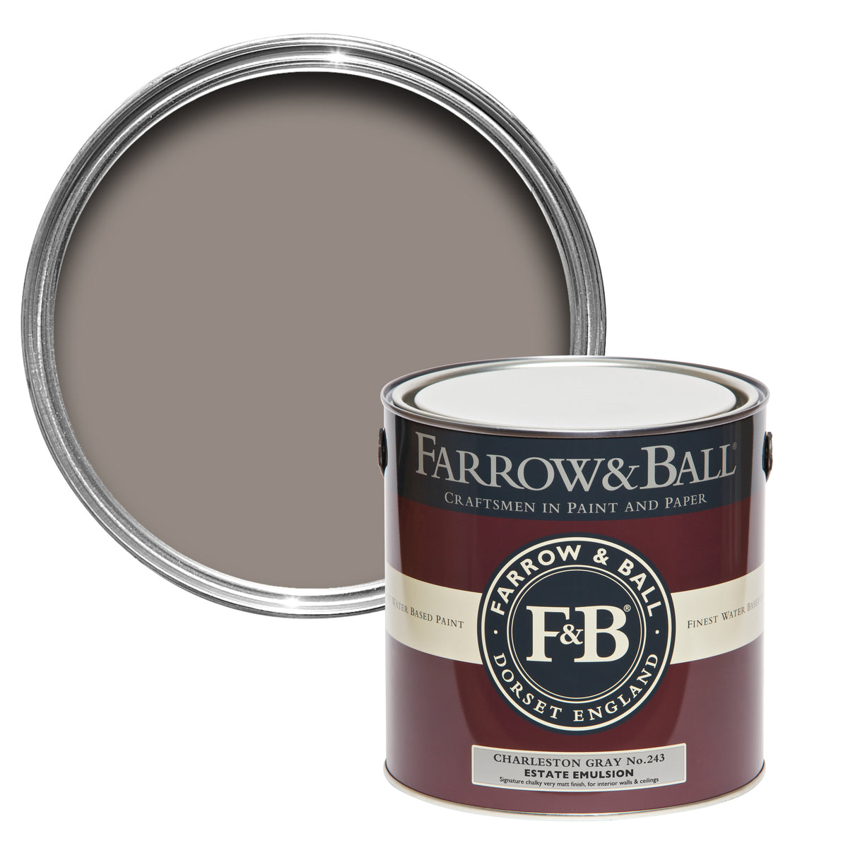 Offene Farbdose von oben von Charleston Gray, dem warmen und gedämpften Grauton mit einer geschlossenen 2,5l Dose Estate Emulsion davor. 