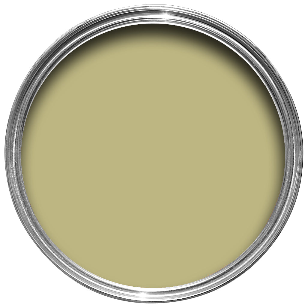 Offene Farbdose von oben von Curlish Green, einem frischen Grün mit hohem Gelb Anteil 
