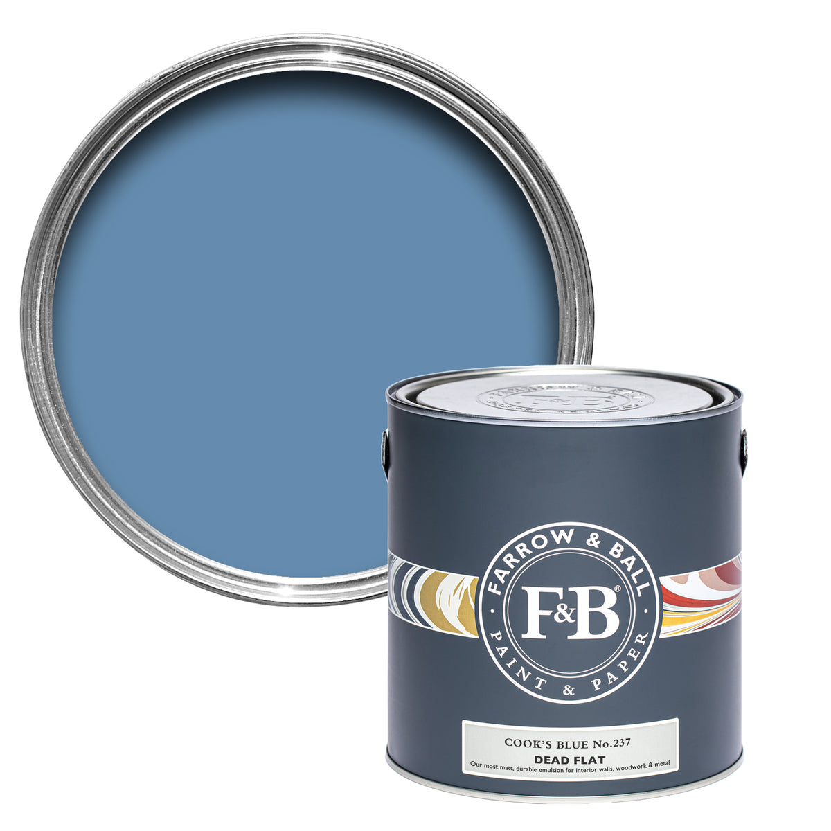 Offene Dead Flat Farbdose von Cook's Blue, einem nostalgischen Küchenblau