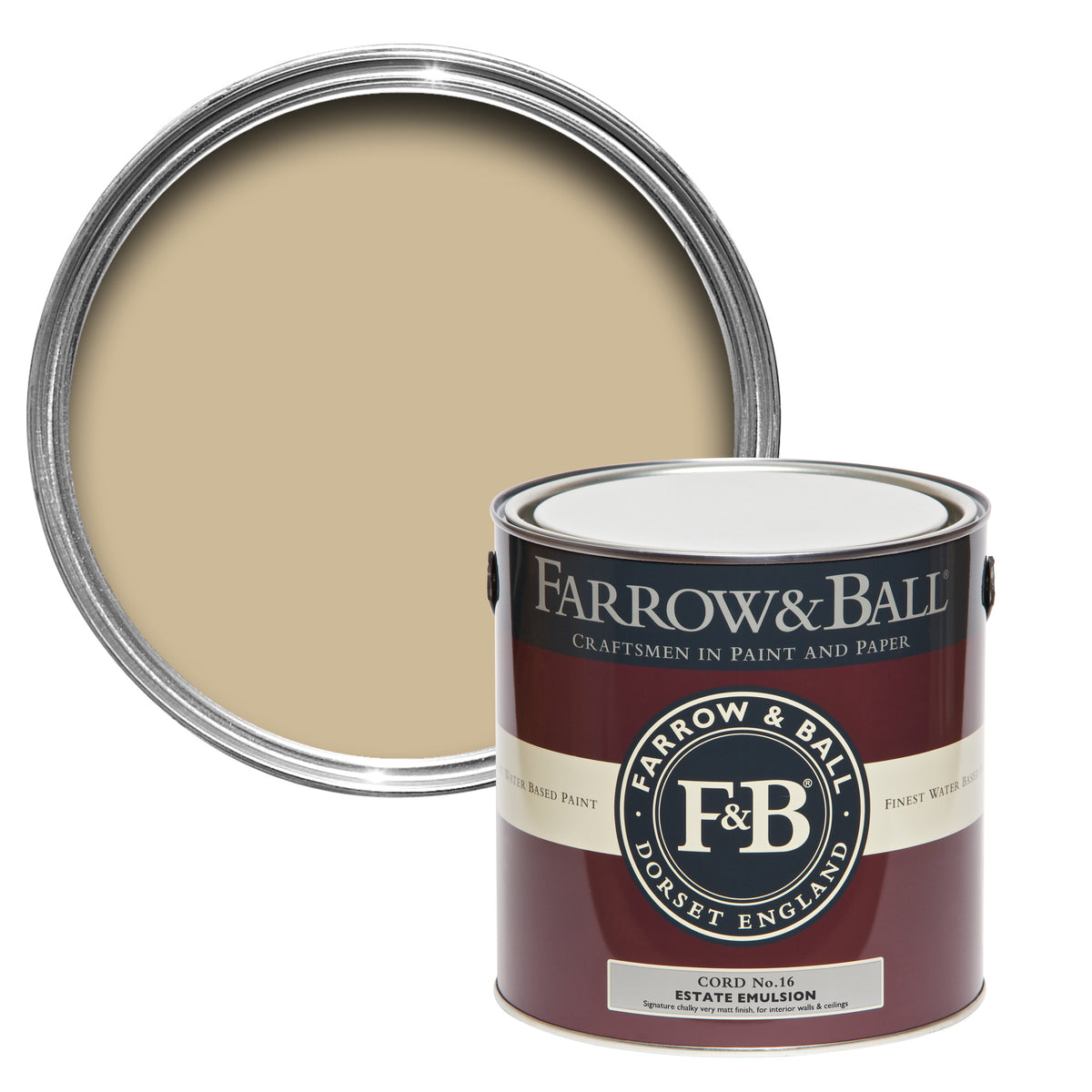 Offene Farbdose von oben von Cord, dem erdigen Gelb, das uns das Stoffgewebe zurückbringt mit einer geschlossenen 2,5l Dose Estate Emulsion davor. 
