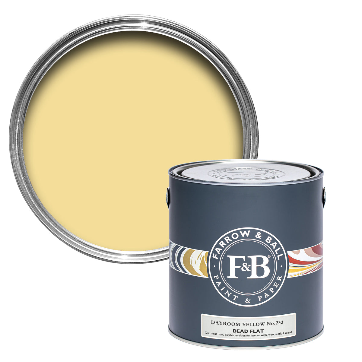 Offene Dead Flat Farbdose von Dayroom Yellow, das durch den Farbton jeden Raum Sonnlicht durchflutet wirken lässt. 
