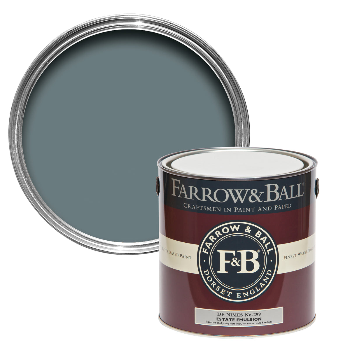 Offene Farbdose von oben von De Nimes, einem elegantes Blau, wie wir es von Hosen kennen mit einer geschlossenen 2,5l Dose Estate Emulsion davor. 