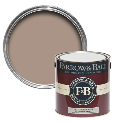 Offene Farbdose von oben von Dead Salmon, einem subtilen und matten Lachston mit einer geschlossenen 2,5l Dose Estate Emulsion davor. 
