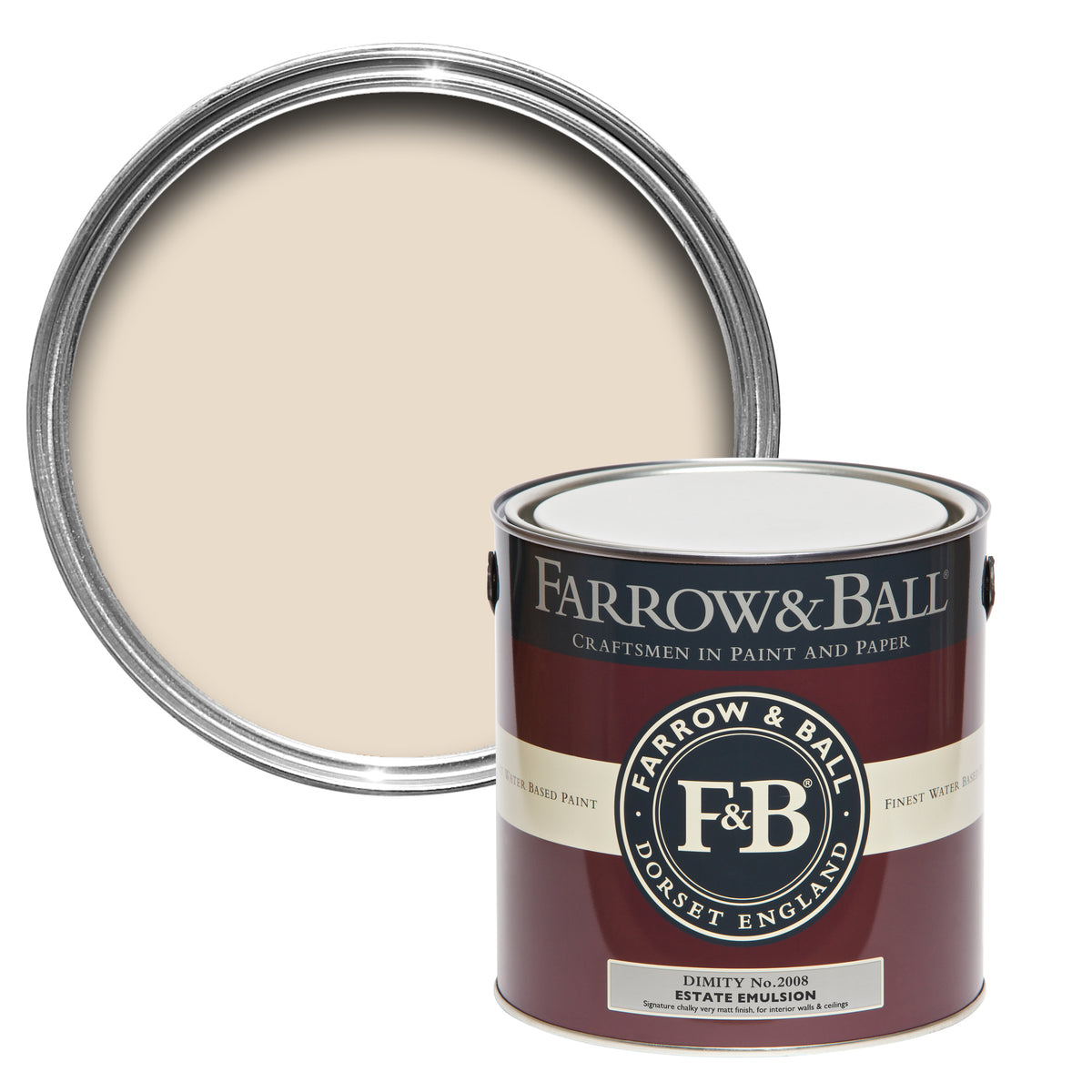 Offene Farbdose von oben von Dimity, einem auf Rot basierten Weißton mit einer geschlossenen 2,5l Dose Estate Emulsion davor. 
