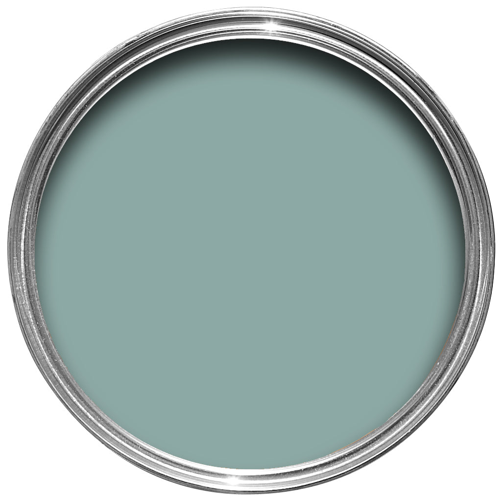 Offene Farbdose von oben von Dix Blue, einem Vintage-Blau mit grünem Unterton.
