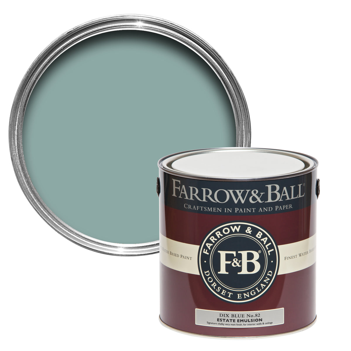 Offene Farbdose von oben von Dix Blue, einem Vintage-Blau mit grünem Unterton mit einer geschlossenen 2,5l Dose Estate Emulsion davor. 