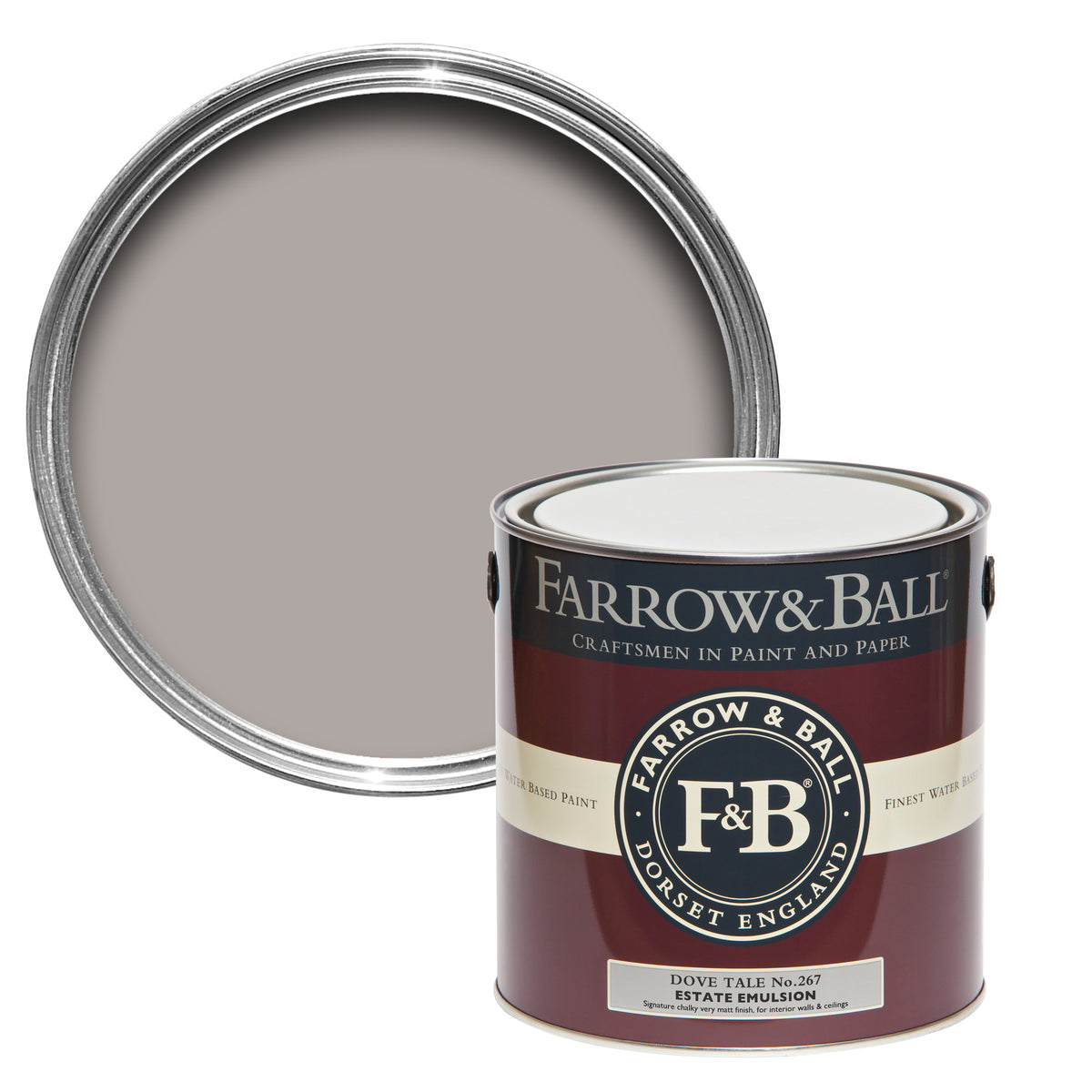 Offene Farbdose von oben von Dove Tale, einem taubengrauen Lila mit einer geschlossenen 2,5l Dose Estate Emulsion davor. 
