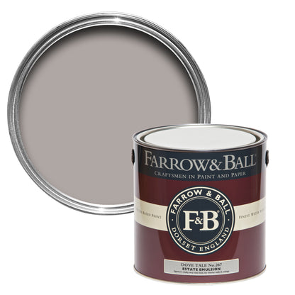 Offene Farbdose von oben von Dove Tale, einem taubengrauen Lila mit einer geschlossenen 2,5l Dose Estate Emulsion davor. 
