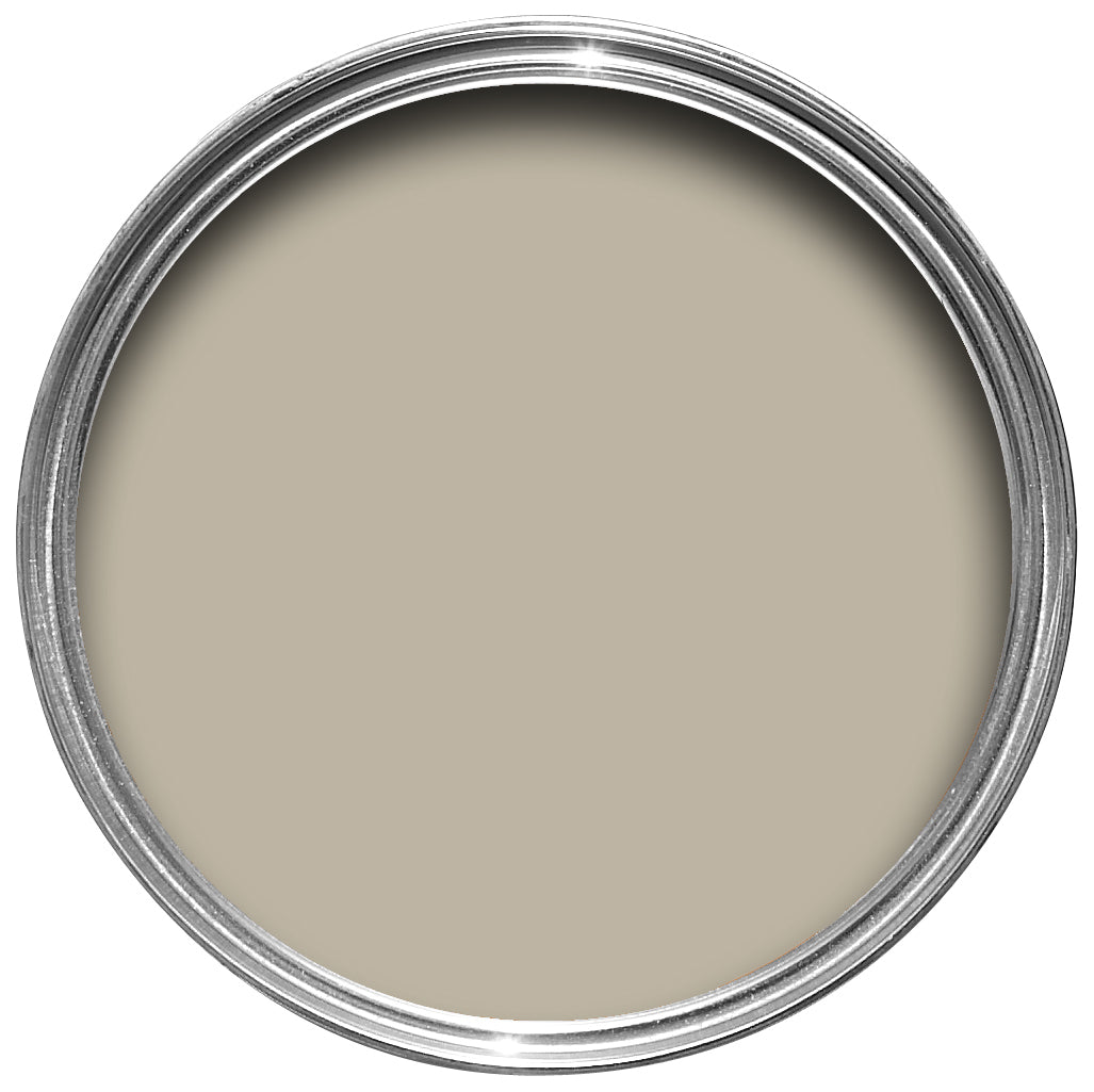 Offene Farbdose von oben von Drop Cloth, einem ruhigen Graubraun
