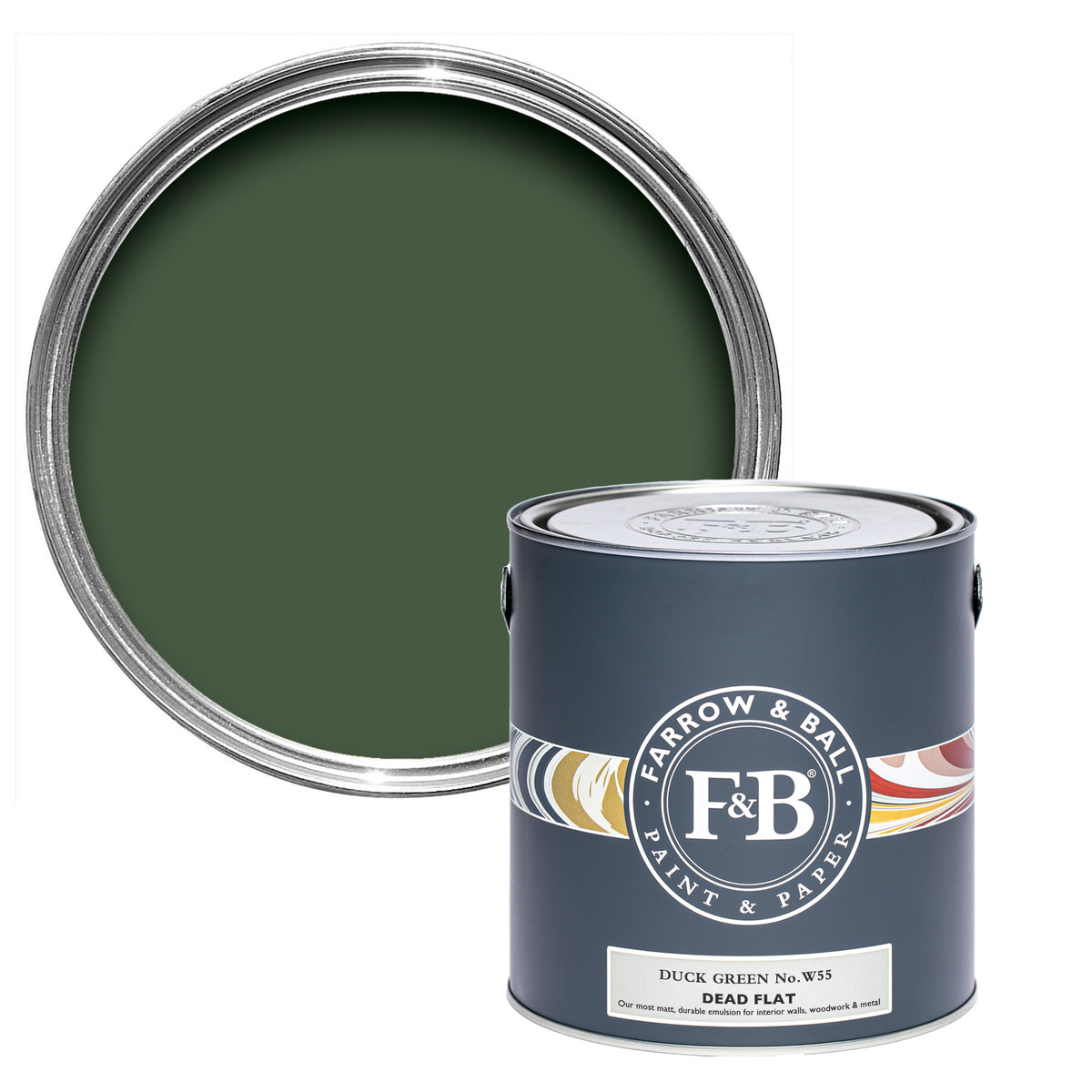 Offene Dead Flat Farbdose von Duck Green, einem dunklen Grün, wie man es vom Gefieder der Stockente kennt.