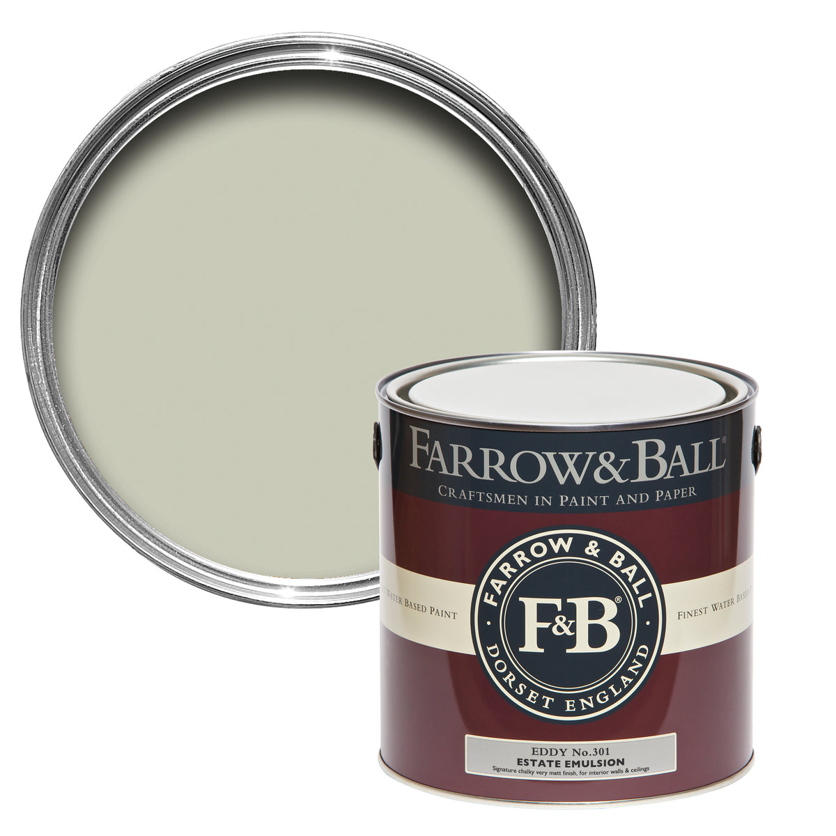 Offene Farbdose von oben von Eddy, einem natürlich zarten Grünton mit einer geschlossenen 2,5l Dose Estate Emulsion davor. 