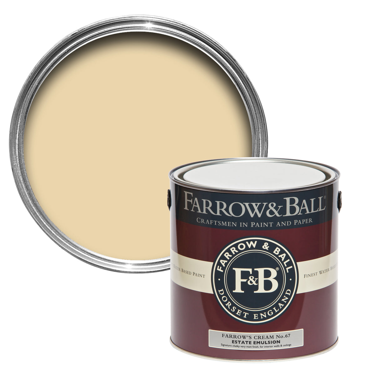 Offene Farbdose von oben von Farrow's Cream, einem wohnlichen, warmen und hellem Cremegelb mit einer geschlossenen 2,5l Dose Estate Emulsion davor. 
