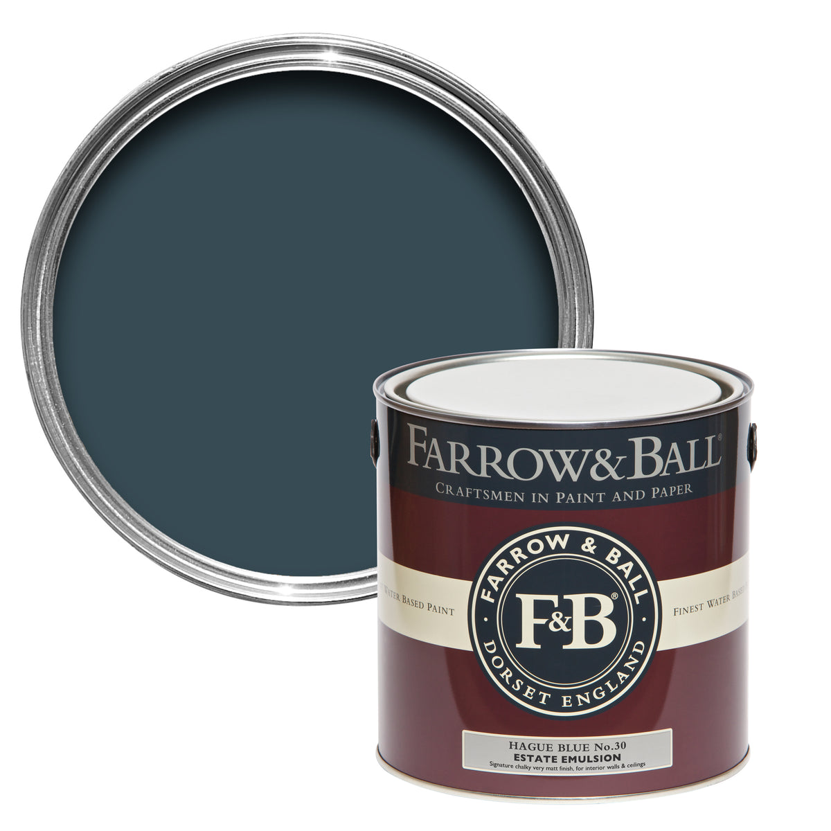 Offene Farbdose von oben von Hague Blue, dem kräftvollen und elegantem Hollandblau mit einer geschlossenen 2,5l Dose Estate Emulsion davor. 
