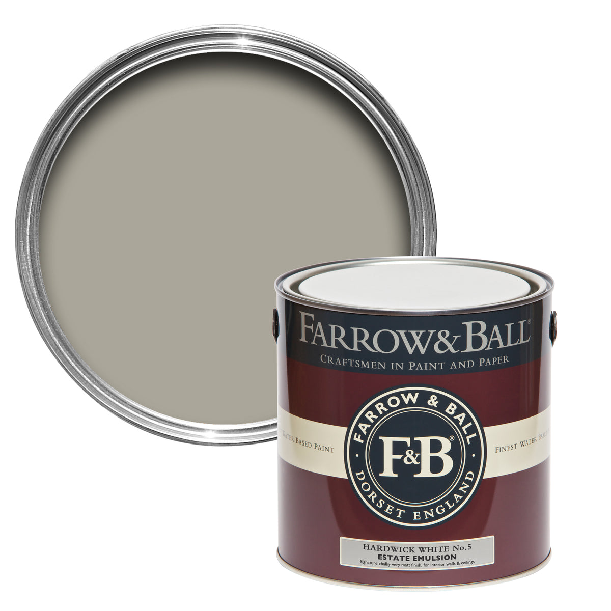 Offene Farbdose von oben von Hartwick White, einem mehr Grau als Weiß mit einer geschlossenen 2,5l Dose Estate Emulsion davor. 