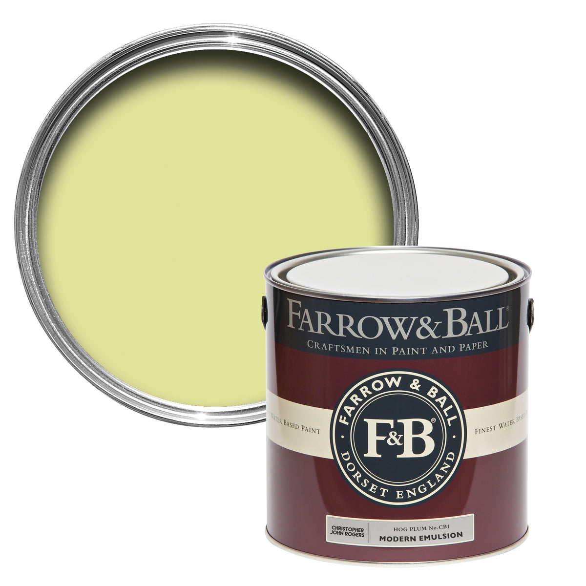 Offene Farbdose von oben von Hog Plum, einem erdigen Gelb, das an die süß-saure Frucht der Schweinepflaume erinnert, mit einer geschlossenen 2,5l Dose Modern Emulsion davor. 