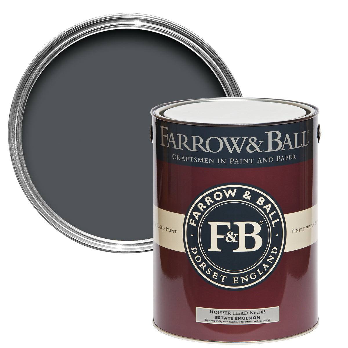 Offene Farbdose von oben von Hopper Head, einem klassichen Anthrazit, zudem sich fast alles kombinieren lässt mit einer geschlossenen 5l Dose Estate Emulsion davor. 
