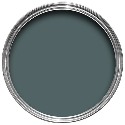 Offene Farbdose von oben von Inchyra Blue, einem dunklen Blau mit leichtem Hang zu Grün, das an den dramatischen Schottischen Himmel erinnert. 
