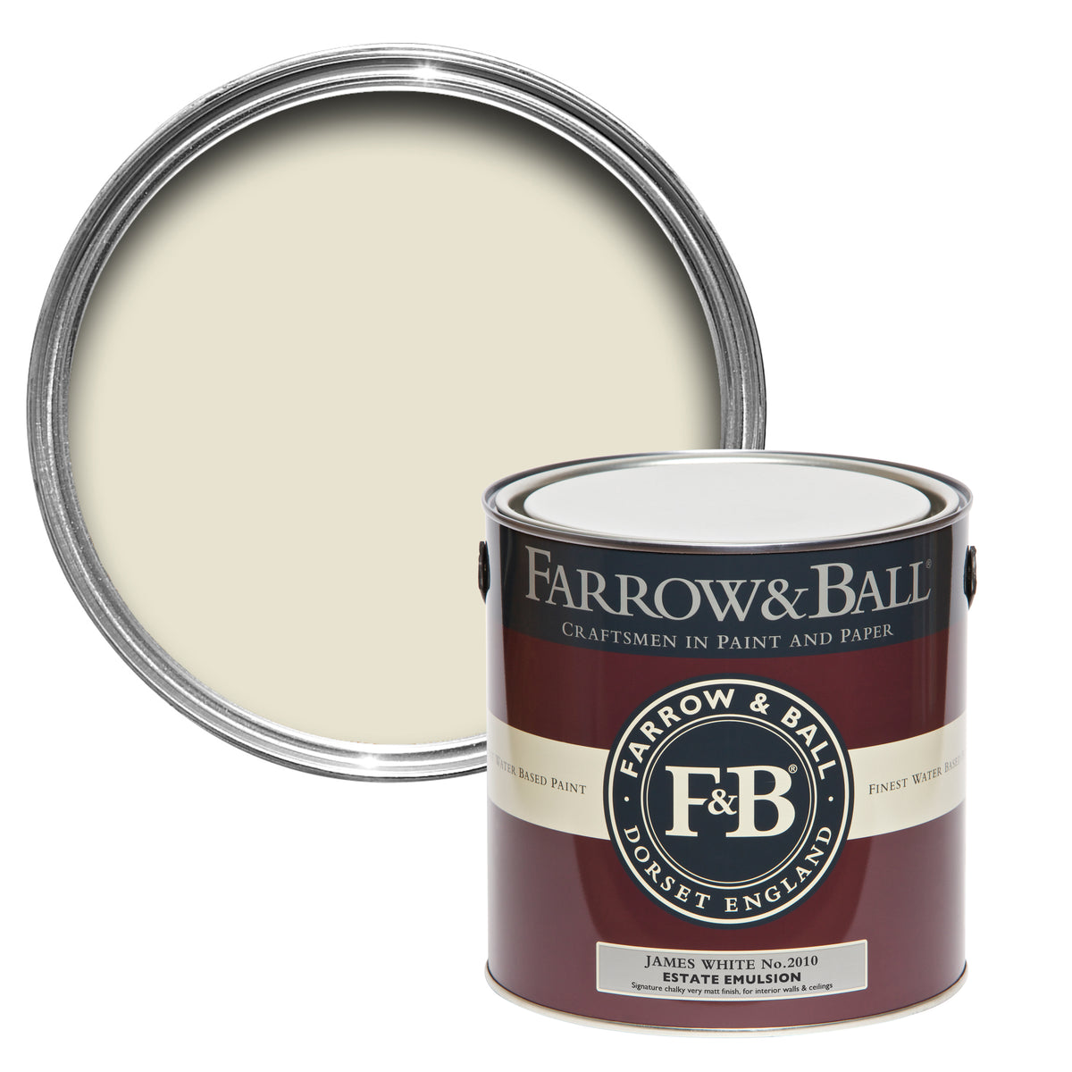 Offene Farbdose von oben von James White, einem Weiß mit einem minimalen Hauch Grün mit einer geschlossenen 2,5l Dose Estate Emulsion davor. 