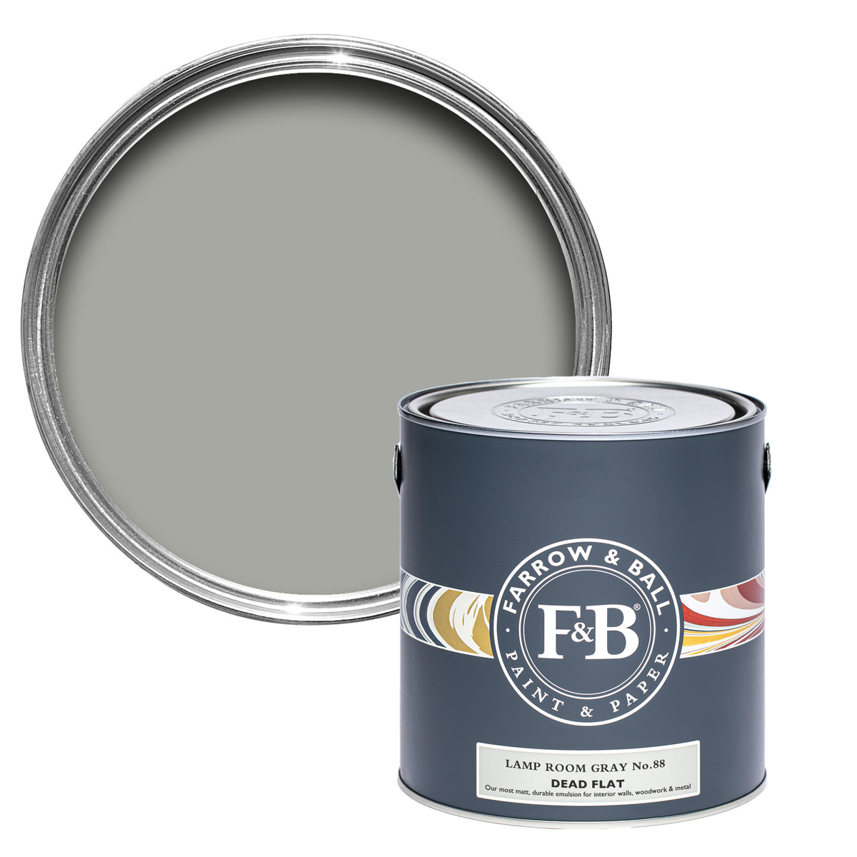 Offene Dead Flat Farbdose von Lamp Room Gray, einem Grau, als hätte Ruß eine Wand verfärbt. 