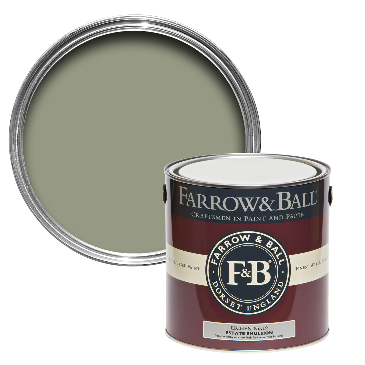 Offene Farbdose von oben von Lichen, einem Grün wie Flechten mit einer geschlossenen 2,5l Dose Estate Emulsion davor. 
