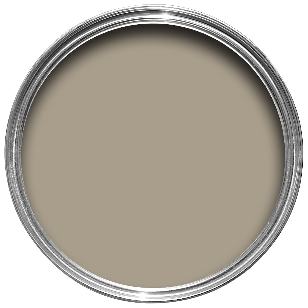 Offene Farbdose von oben von Light Gray, einem neutralen Steinton. 
