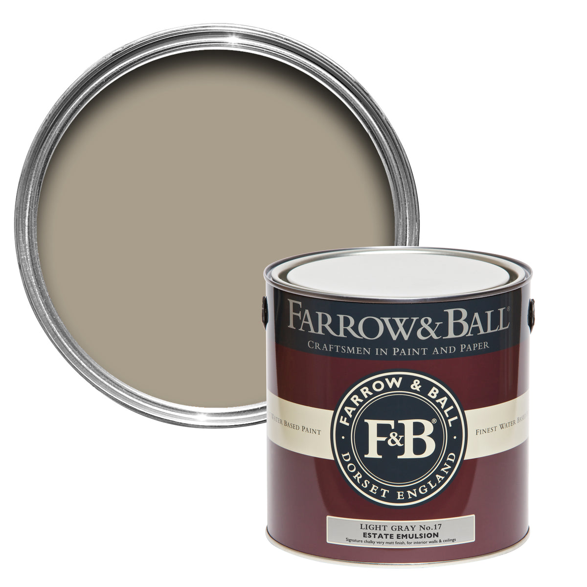 Offene Farbdose von oben von Light Gray, einem neutralen Steinton mit einer geschlossenen 2,5l Dose Estate Emulsion davor. 
